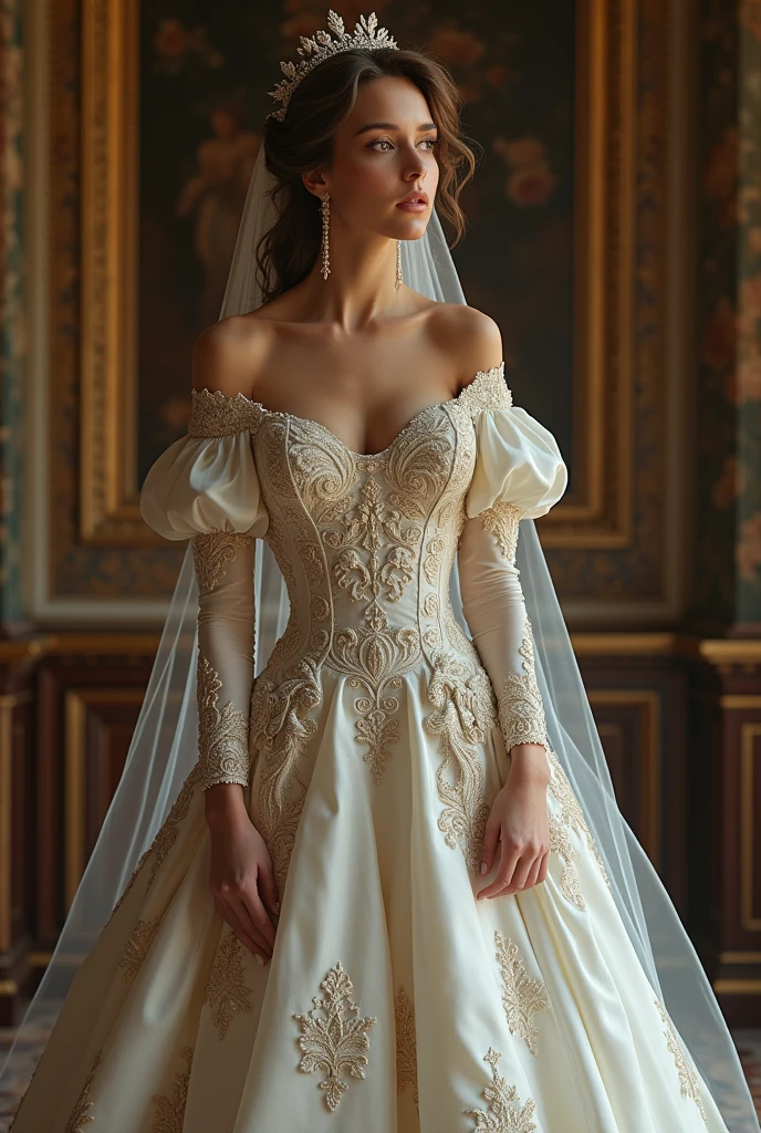 European woman model with hairstyle and veil wearing extremely luxurious baroque embroidered sleeve wedding dress.