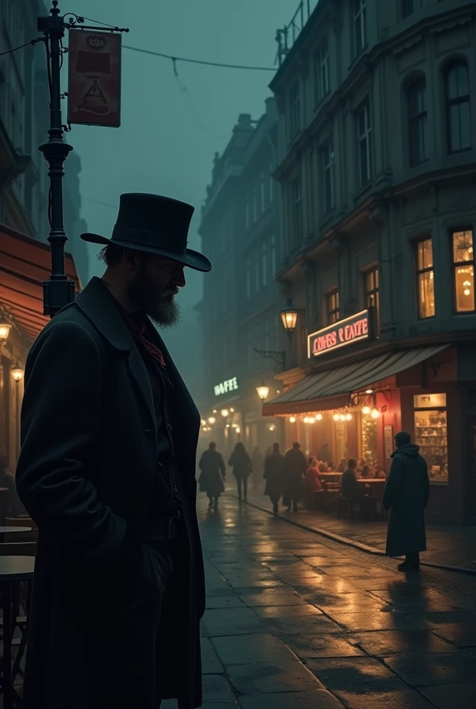 A failed gentleman watching a cafe on high on a dark and solid night