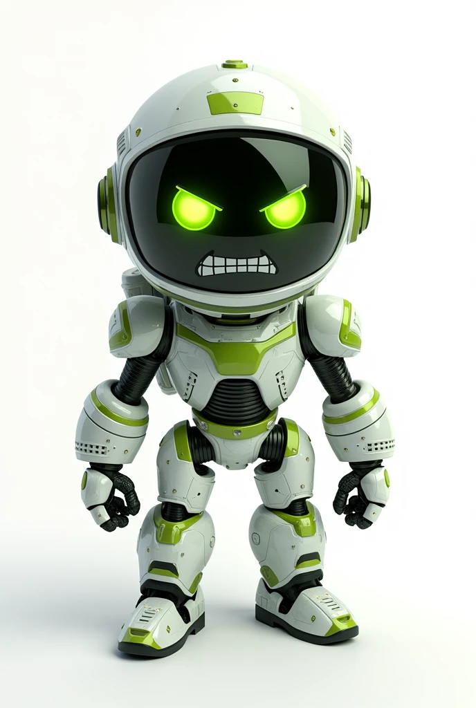 Animated angry frowning white green and gold colored astronaut robot. White background 