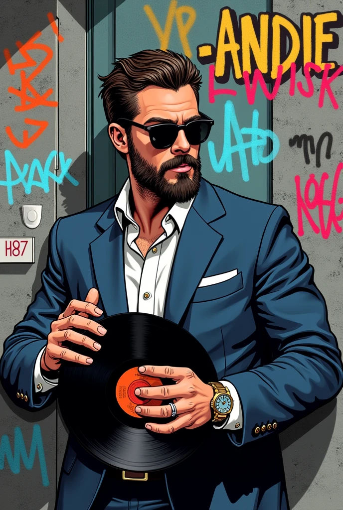 a picture of a gentleman in a classy suit mr wearing sunglasses, a luxury watch on the wrist, who has a well-groomed beard, who has beautiful hair combed back, und eine schalplatte spielt in form eines comics aus den 80er jahren der hintergrund sollte eine graue Hauswand sein mit verschiedenen Graffitis mit der aufschrift MrVinyLP, aCaB, Park Hill, 187, beastie Boys, n.W.a, in different colors the street name on the house wall is said to be Wu-Tang Clan District.