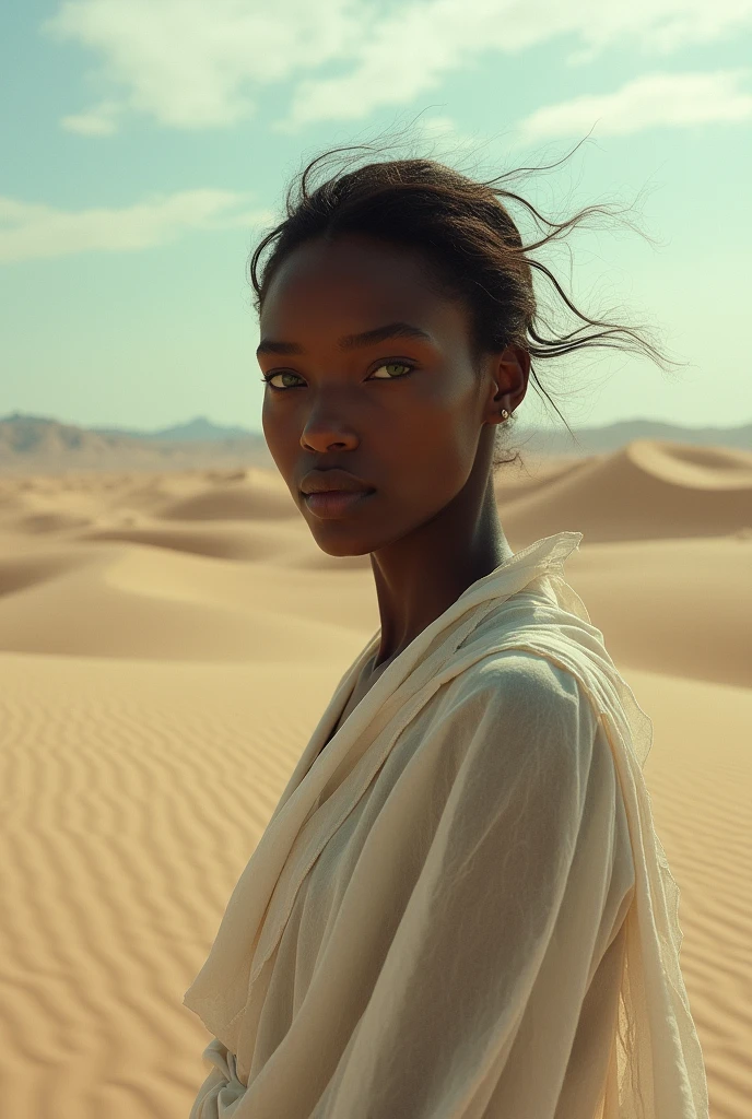 Create a photo of a Of a desert landscape with a black woman with green eyes walking with a gentle wind moving her clothes