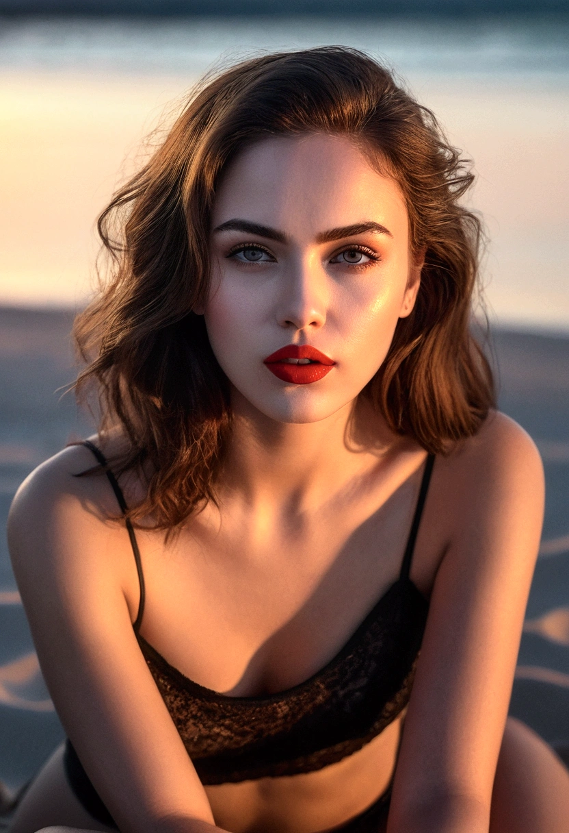 a beautiful young woman,sitting on the sand at dusk on a deserted beach, 8k, realist, very detailed, Red lips, fleshy, Suggestive look, captivating eyes, mouth half open, backlighting, perfectly balanced and illuminated image