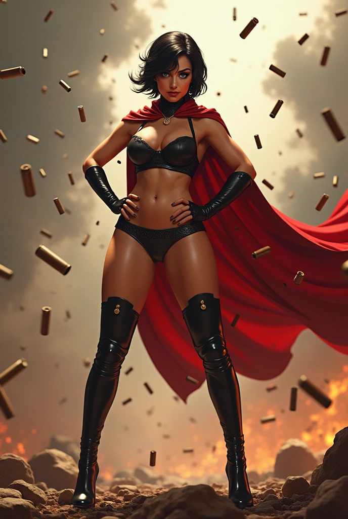 Beautiful girl short black hair smiling painted sexy short hair blue eyes big ass big breasts boots muscled lingerie boots cape smiling while many trajectories hit her and bounce in all directions"They shoot many bullets at him making thousands of bullet holes all over his indestructible body arms on hips" "The bullets are falling by the thousands, deformed and melted to the ground."