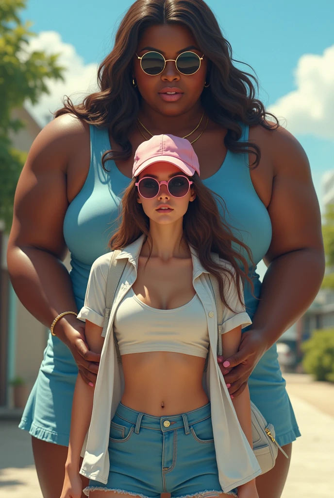 Create a photo of a 20 year old young woman, with a slender and beautiful body, wearing jean shorts and an open short white shirt is braless, with white and clear skin, with long brown hair, Wearing a pink cap, wearing sunglasses and a white backpack and carrying a skateboard while having his shirt lifted by a woman, obese, dark black skinned, who wears glasses and a blue dress