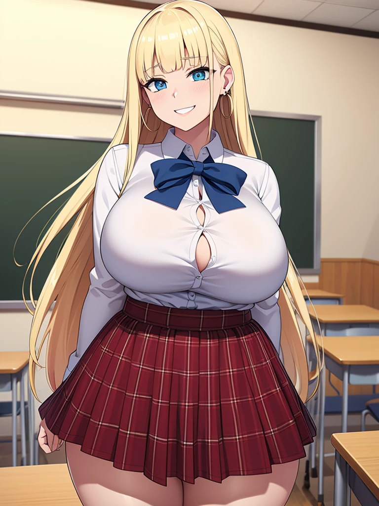 (best quality,4k,8k,highres,masterpiece:1.2), ultra-detailed, UHD, studio lighting, ultra-fine painting,sharp focus, physically-based rendering, extreme detail description, professional, vivid colors, bokeh, sexy woman, huge breasts, large breasts, curvy, voluptuous, blonde hair (straight bangs), sky-blue eyes, long hair, high school uniform, plaid skirt, earrings, grinning, dynamic pose, solo focus, classroom, indoors