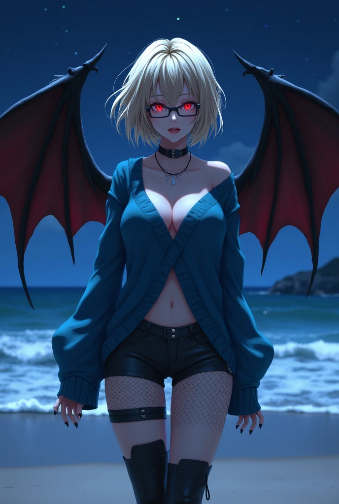 (anime:1.2), 1girl, vampire, adult, pale skin, blonde hair, short hair, glowing red eyes, glasses, pale skin, pointy ears, bat wings, medium breasts, opened blue sweater, shorts, fishnet stockings, large boots, night, beach