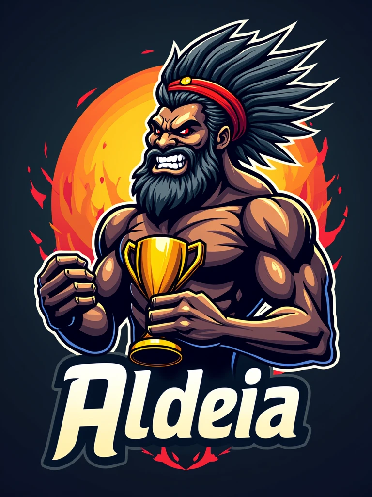 Create a sports logo with the name ALDEIA featuring a mascot of the Thunder God Tupã with a coca on his head holding a trophy inscribed with 'goat' inside the trophy.