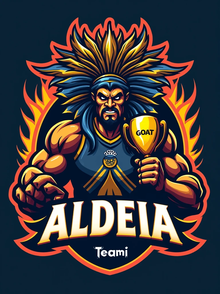 Create a sports logo with the name ALDEIA featuring a mascot of the Thunder God Tupã with a coca on his head holding a trophy inscribed with 'goat' inside the trophy.