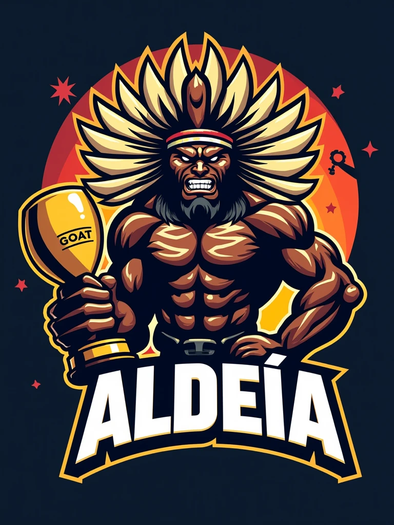 Create a sports logo with the name ALDEIA featuring a mascot of the Thunder God Tupã with a coca on his head holding a trophy inscribed with 'goat' inside the trophy.