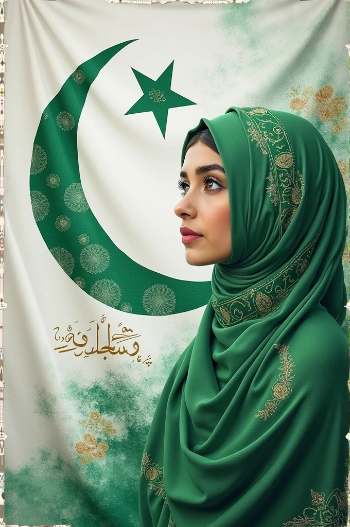 Can you make a dupta design in which Pakistani map and Palestine hijab and a little bit Urdu white and green color theme on silk cloth
