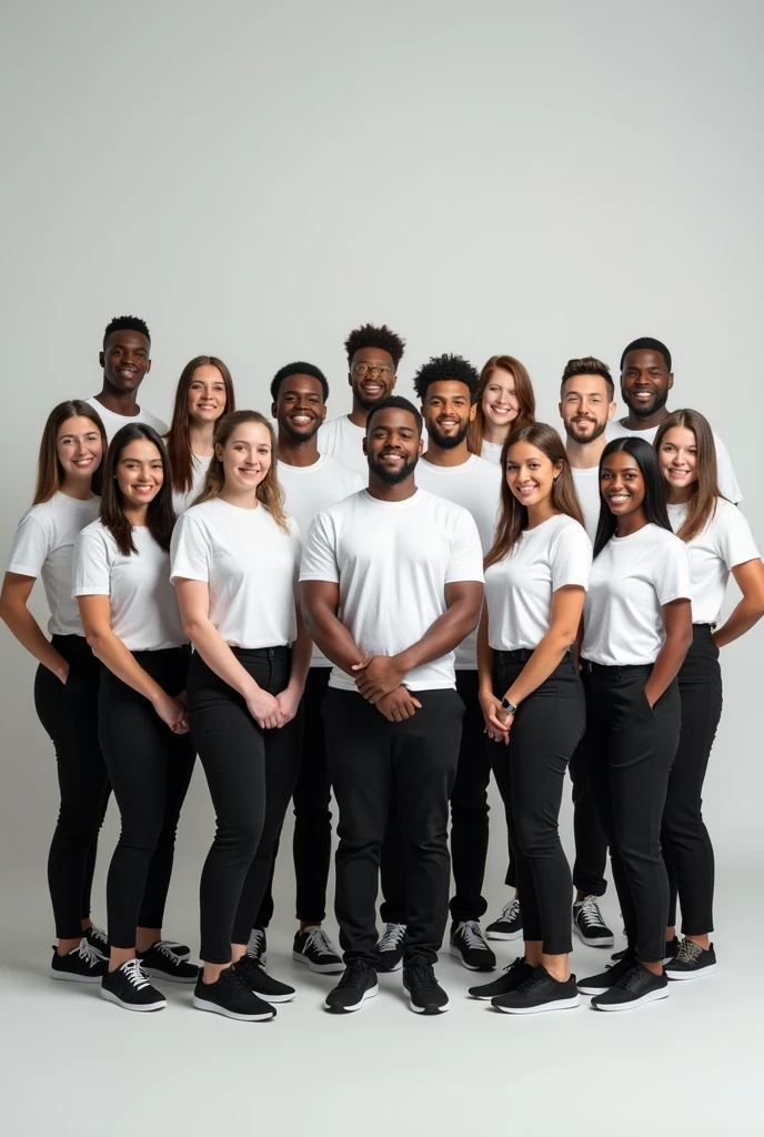 Make a team of 17 people dressed in white t-shirts, black pants and black sneakers
