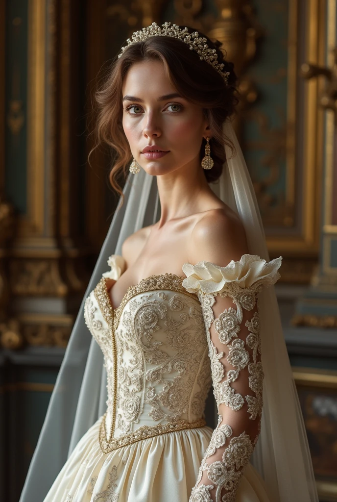 European woman model with hairstyle and veil wearing extremely luxurious baroque embroidered sleeve wedding dress.