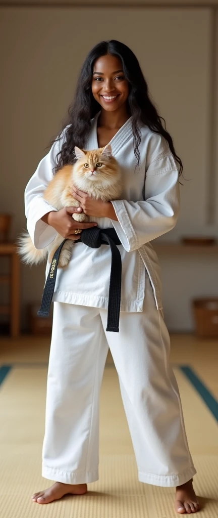 ((photogenic, photographic)), hold cat, (hold Persian cat, blue eye, long hair, :1.3), Front view , Full- body, beautiful American black girl, 1, (black hair, permanent hair , brown eyes, Beautiful Lips, smile), (C cup Breasts, Wide Hips) ,((Karate White clothes, Karate White underwear, Black obi:1.3)), At the Karate Dojo, Standing on tatami mat, Textured skin ((Surrealism, Fujicolor, Fujifilm, UHD, retina, masterpiece, accurate, anatomically correct, textured skin, super detail, high details, high quality, best quality, 8k))