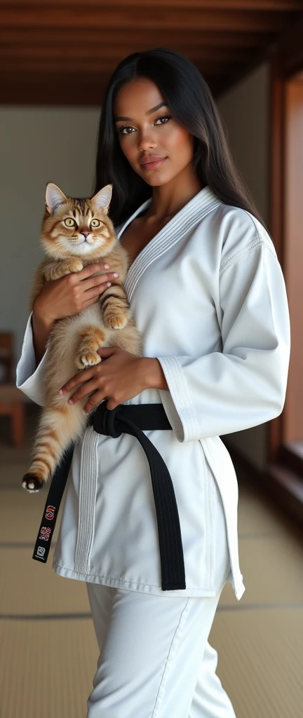 ((photogenic, photographic)), hold cat, (hold Persian cat, blue eye, long hair, :1.3), Front view , Full- body,  beautiful  American black girl, 1, (black hair, permanent hair , brown eyes, Beautiful Lips, smile), (C cup Breasts, Wide Hips) ,((Karate White clothes, Karate  White underwear,  Black obi:1.3)), At the Karate Dojo, Standing on tatami mat, Textured skin ((Surrealism, Fujicolor, Fujifilm, UHD, retina, masterpiece, accurate, anatomically correct, textured skin, super detail, high details, high quality, best quality, 8k))