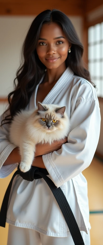 ((photogenic, photographic)), hold cat, (hold Persian cat, blue eye, long hair, :1.3), Front view , Full- body, beautiful American black girl, 1, (black hair, permanent hair , brown eyes, Beautiful Lips, smile), (C cup Breasts, Wide Hips) ,((Karate White clothes, Karate White underwear, Black obi:1.3)), At the Karate Dojo, Standing on tatami mat, Textured skin ((Surrealism, Fujicolor, Fujifilm, UHD, retina, masterpiece, accurate, anatomically correct, textured skin, super detail, high details, high quality, best quality, 8k))