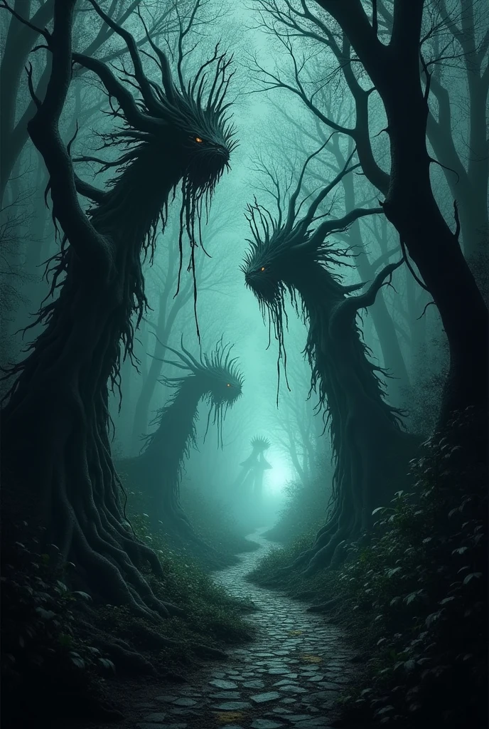 A dark and eerie forest with twisted, gnarled trees. The trees have faces and long, claw-like branches reaching out. A path winds through the forest, leading to a mysterious, glowing light in the distance.