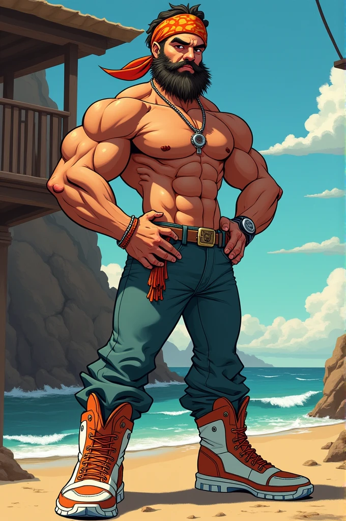 Cartoon style male character, mascara smoking, beach bandana, marine shadow, cowboy west salvage and dunk master shoe

