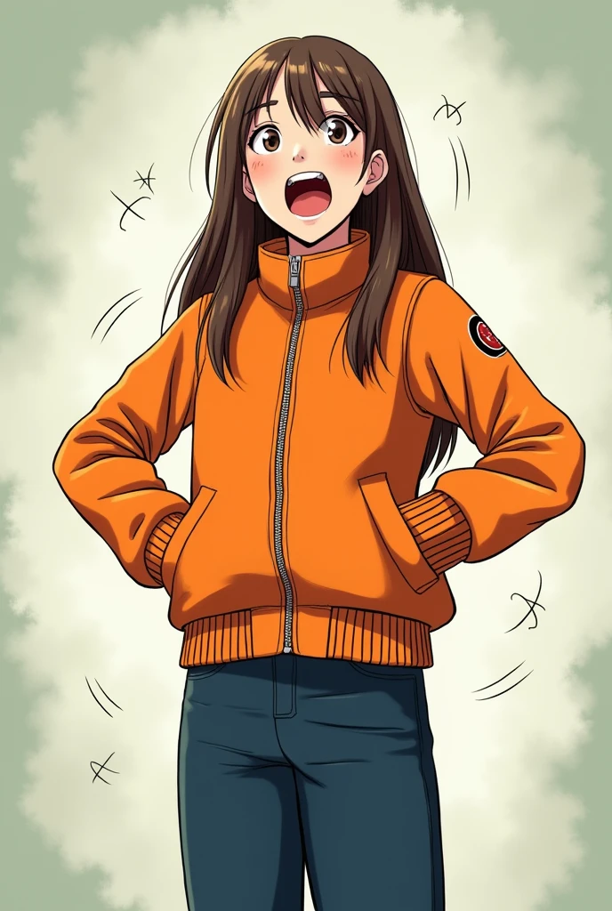 Girl:
She has long, straight brown hair falling over her shoulders.
She is wearing a bright orange jacket.
She is wearing dark blue long pants.
She is standing with an expression of surprise and excitement.
is alone
formato comic no estara con nadie