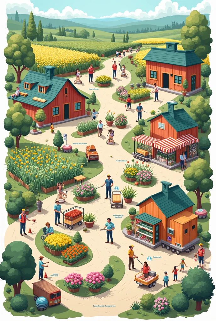 Create an image containing all the processes of a flower shop supply chain, containing explanations of each process.