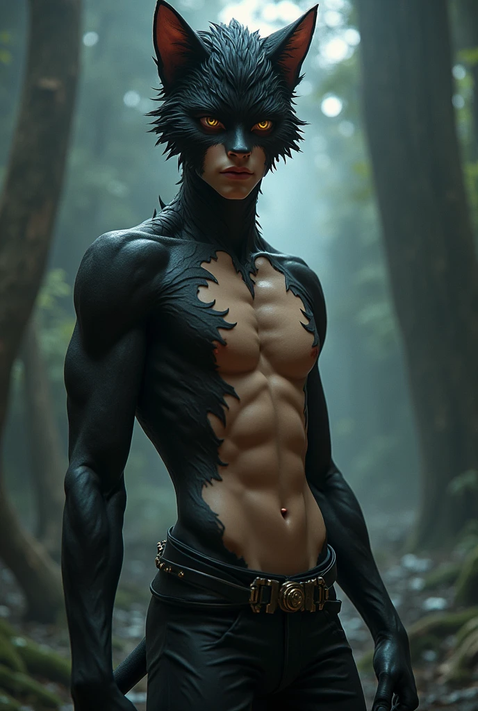 make a half cat half human boy in a sexy pose 