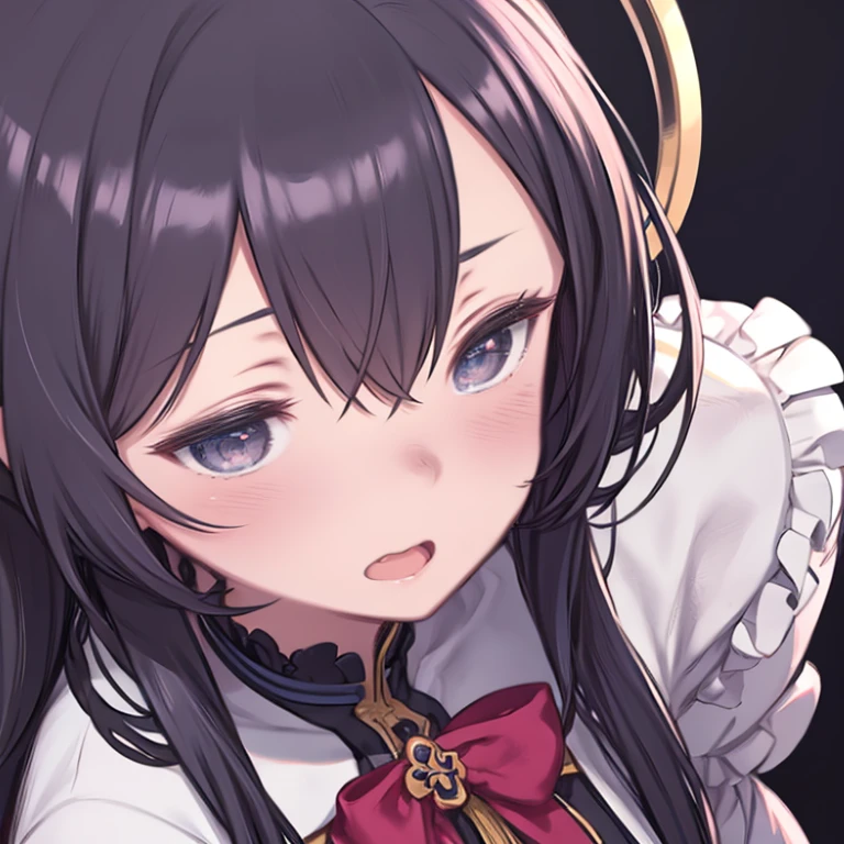 全裸のmaleとwomanが一つのベッドで横に並んで寝転がる、1　male、1　woman、Open your mouth a little、Sleepy eyes、Angle from directly above、Ample pubic hair、見つめ合う黒髪maleと金髪ロングの巨乳woman、Profile of face、