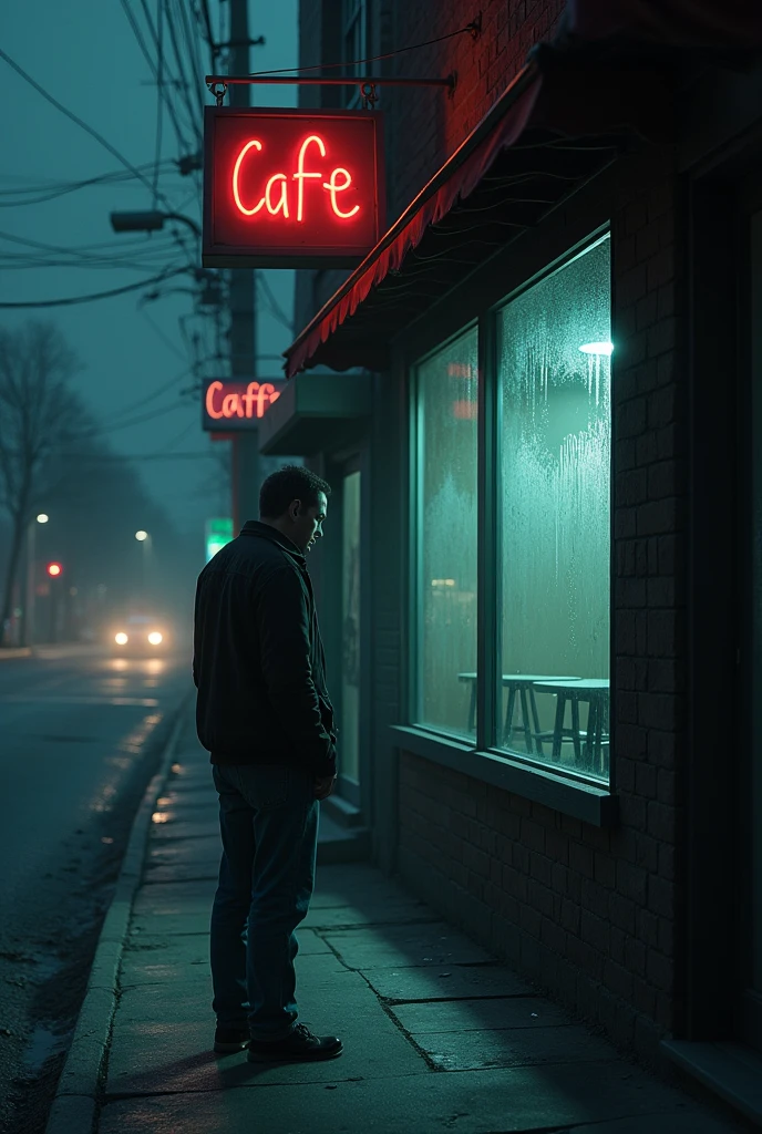 A failed man watching a cafe on a lonely night without people