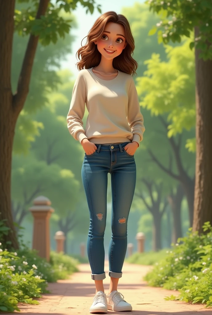 white woman 40 years old brown hair, jins and white sneakers full body pixar style in a park