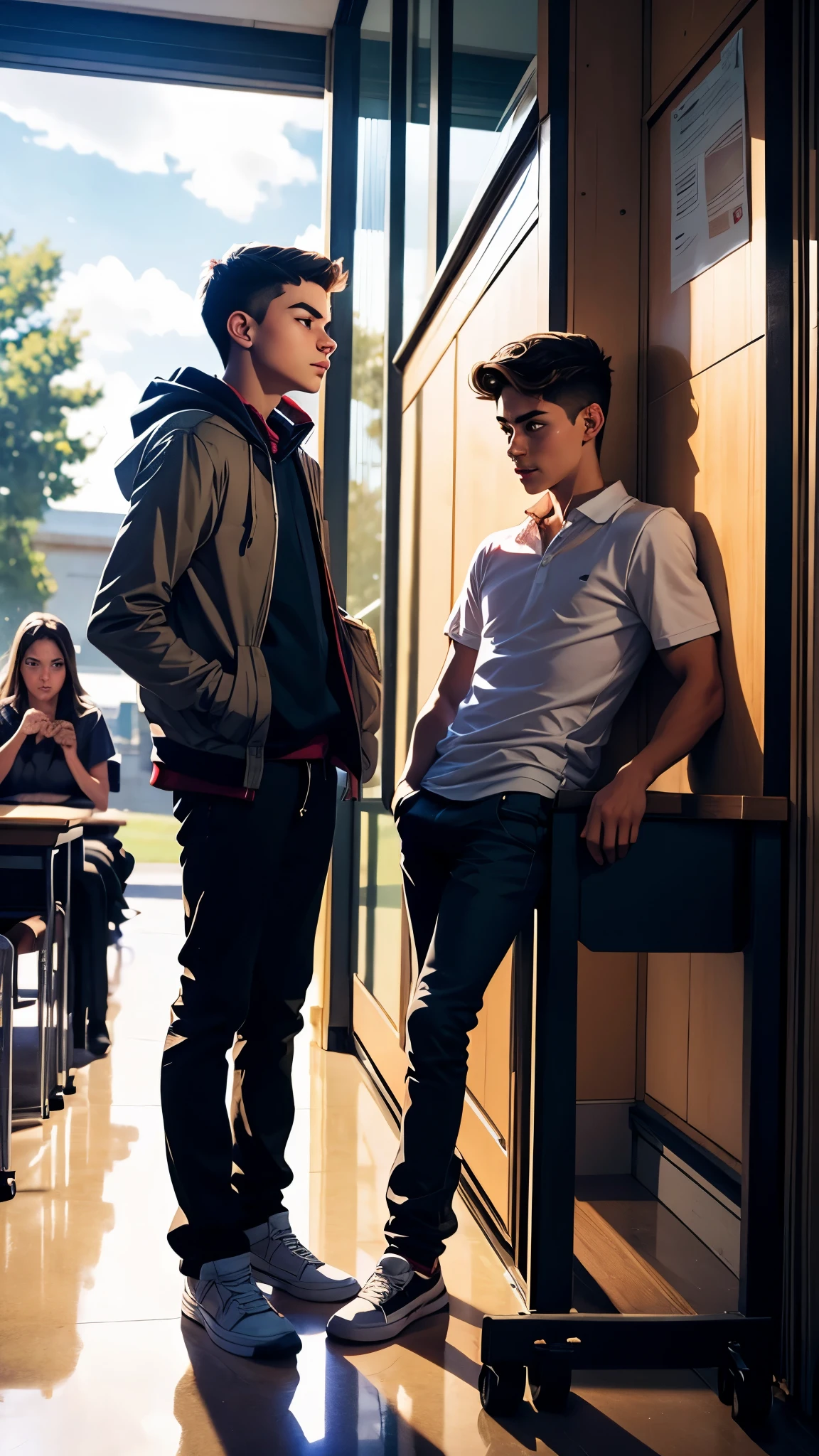 Young teenage man watches sadly and lovingly his best friend at school