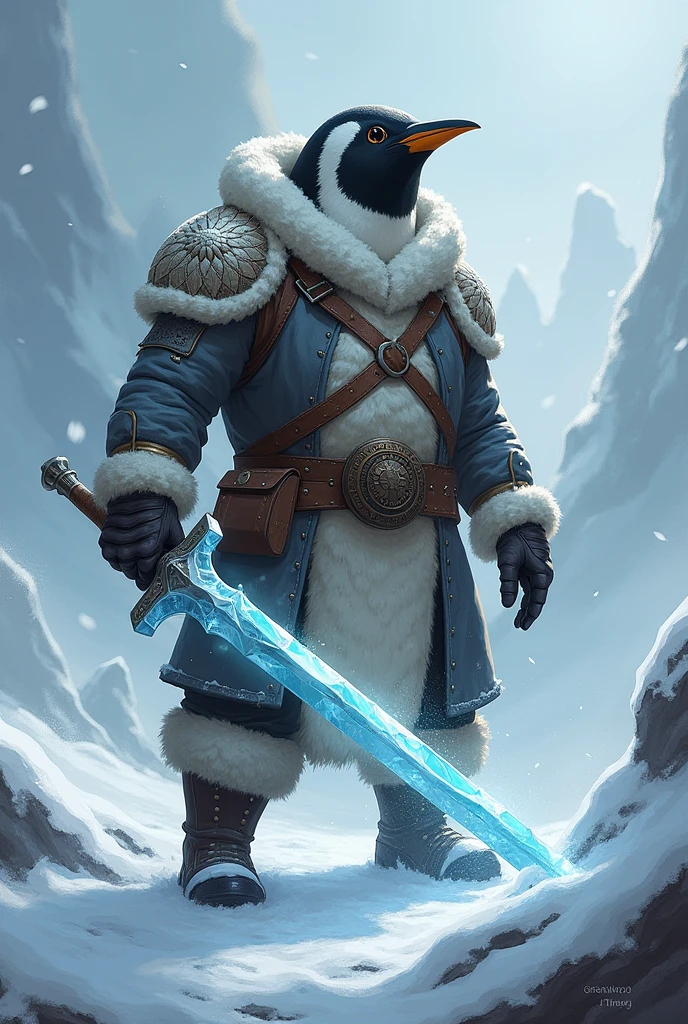 Man with penguin head, snow clothes, warrior, ice sword