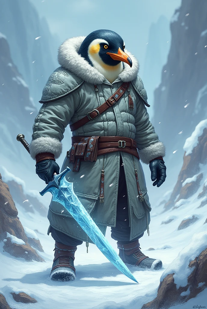 Man with penguin head, snow clothes, warrior, ice sword