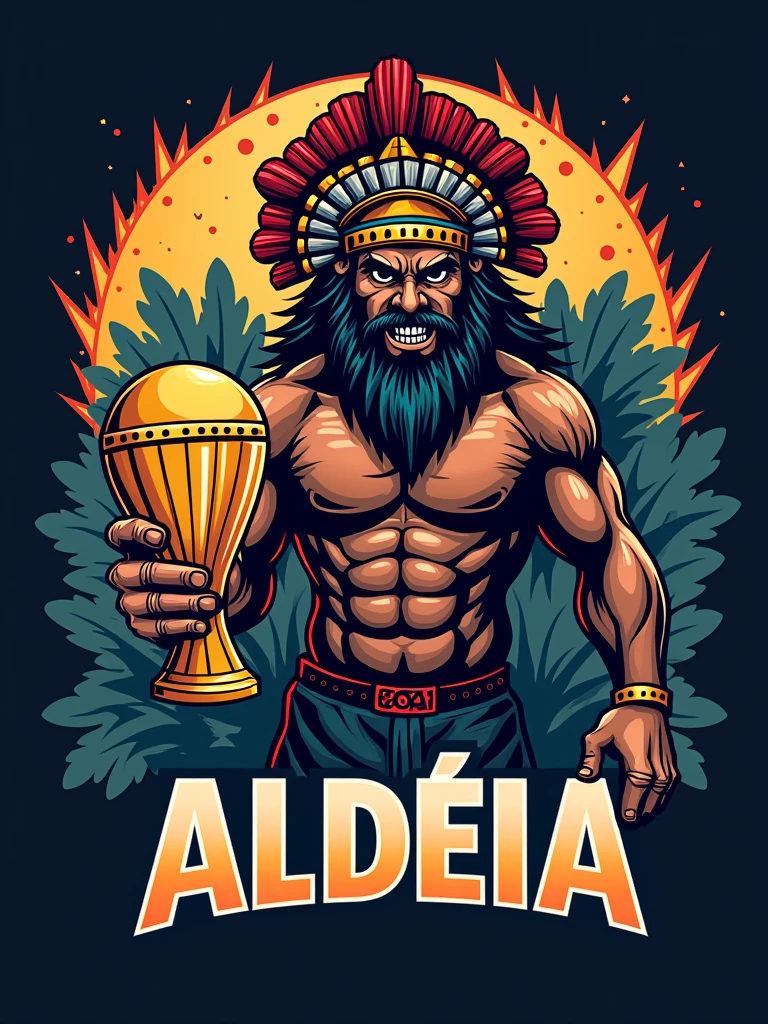 Create a sports logo with the name ALDEIA featuring a mascot of the Thunder God Tupã with a coca on his head holding a trophy inscribed with 'goat' inside the trophy.