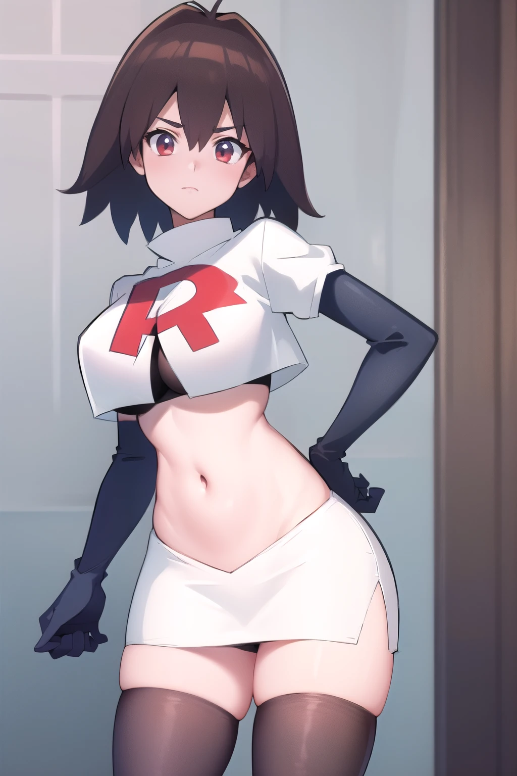 masterpiece, best quality,   makurada junko, looking at viewer, large breasts, cowboy shot, team rocket,team rocket uniform,white skirt,red letter R,crop top,black thigh-highs,black elbow gloves