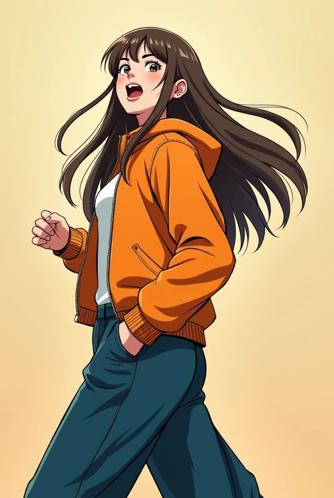 Girl:

She has long, straight brown hair falling over her shoulders.
She is wearing a bright orange jacket.
She is wearing dark blue long pants.
She is standing with an expression of surprise and excitement.

is alone
formato comic no estara con nadie