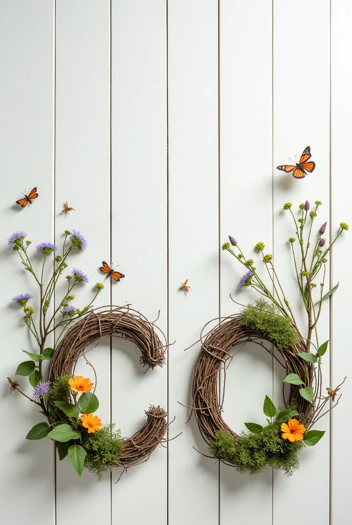 Sur des planches en bois blanches, les lettres C et O en brindilles et des décorations naturelles fleurs, papillon, libellules ou mousse des bois