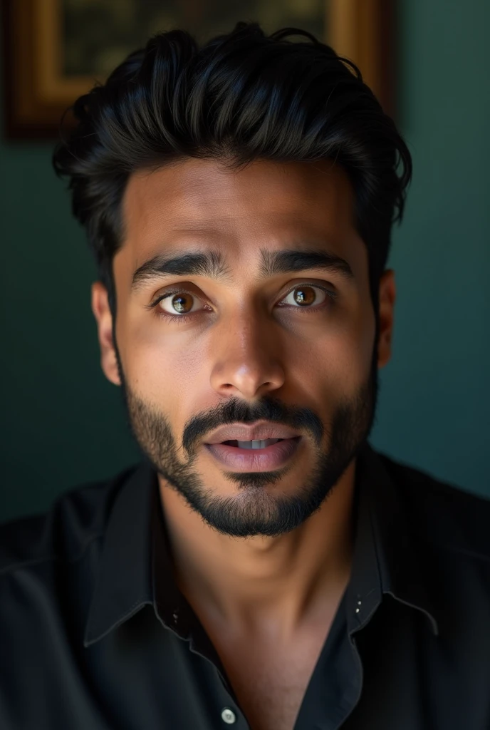 "A handsome 30-year-old man with striking lilac eyes, resembling an Indian movie star, is looking straight ahead with an expression of awe and surprise, his mouth slightly open in a 'Wow' reaction. His appearance is stylish and charismatic, with well-groomed hair and sharp facial features. The background is simple, Surprised Expression moment, making it the focal point of the image."