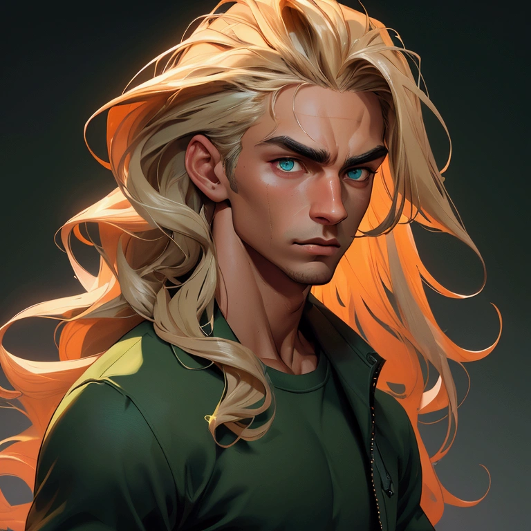 envision a 8k, highres, cinematic close up portrait of an man with a strong face, tan skin, sleek body, clean shaved, with long wavy blonde hair, and dark green eyes wearing a open shirt showing his chest and baggy sweatpants against a dark gray background