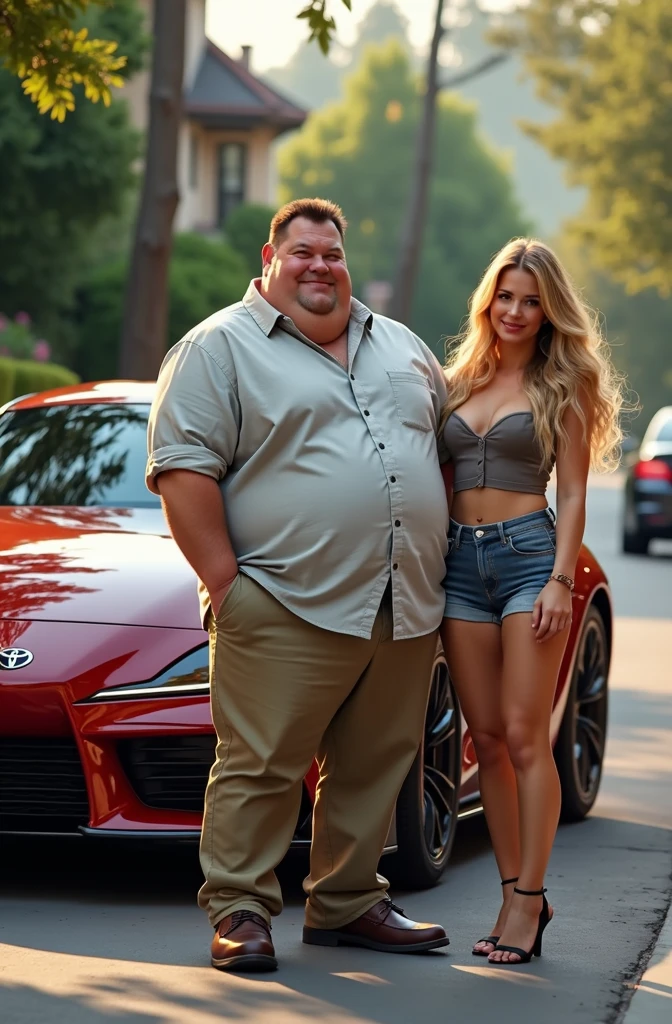 Chubby guy in front of a supra with blonde woman