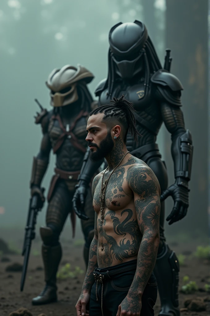 Post malone with a xenomorph and a predator behind