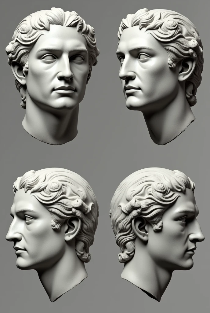 je veux le visage de la sculpture de achilles de 4 vues: objectif , profile, trois quart et derriere