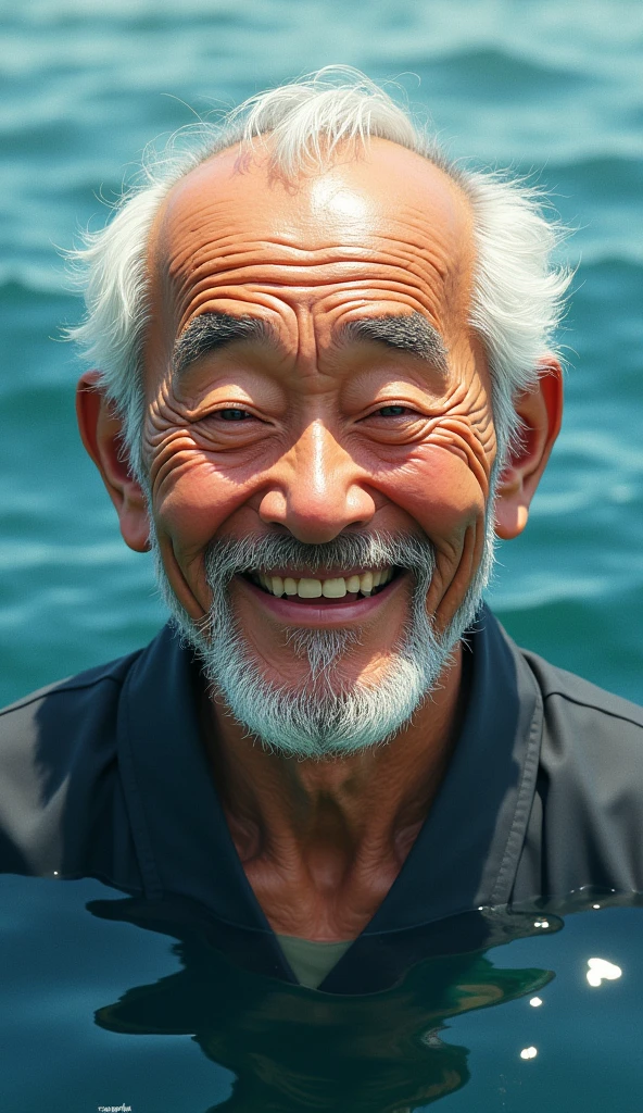 High resolution, masterpiece,Grandpa with one upper body、Japanese、Wrinkled、smile, Blushing, Open your mouth a little, Shichi Shiraga、Background sea