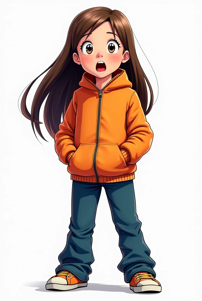 Girl:
is 
She has long, straight brown hair falling over her shoulders.
She is wearing a bright orange jacket.
She is wearing dark blue long pants.
She is standing with an expression of surprise and excitement.

is alone
formato comic no estara con nadie