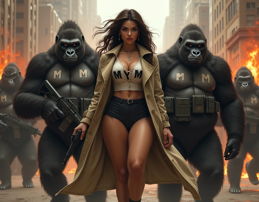 Woman with thick thigh small waist big breast trench coat in a war-burnin g city letters MYM on her chest. Being protected by a Gorilla army in tactical gear with MYM on their chest
