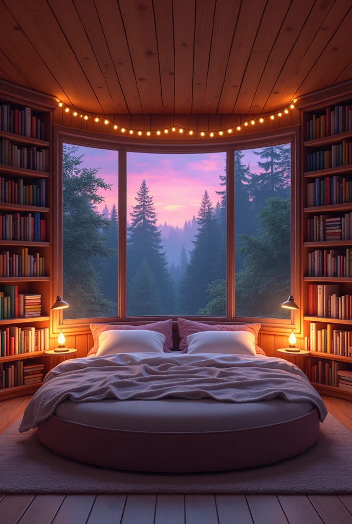 {cinematic scene, 4K ultra-realistic rendering} Cozy circular bedroom with large windows, warm ambient lighting, the bed in the center is round with plush pillows and a thick blanket, the wooden ceiling is strung with soft, glowing fairy lights, walls are lined with bookshelves filled with colorful books. Outside the windows, a twilight sky with vibrant purple and orange hues, dense forest visible in the background, creating a serene and magical atmosphere. {Shot with a 35mm lens, natural light with soft bokeh effect, golden hour lighting} {Art inspired by Ghibli movies, magical realism, cozy cabin aesthetics}