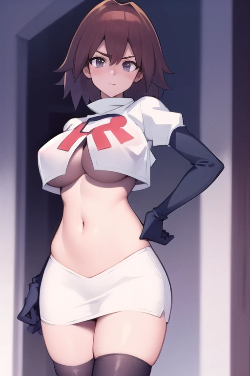 masterpiece, best quality,   makurada junko, looking at viewer, large breasts, cowboy shot, team rocket,team rocket uniform,white skirt,red letter R,crop top,black thigh-highs,black elbow gloves