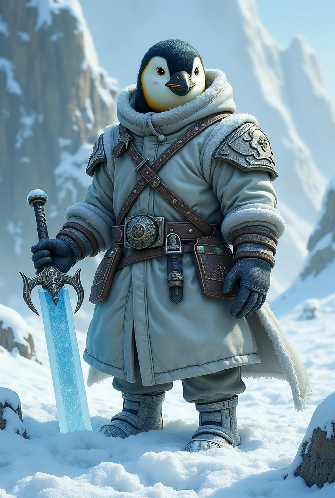 man with penguin head, snow clothes, warrior, ice sword
