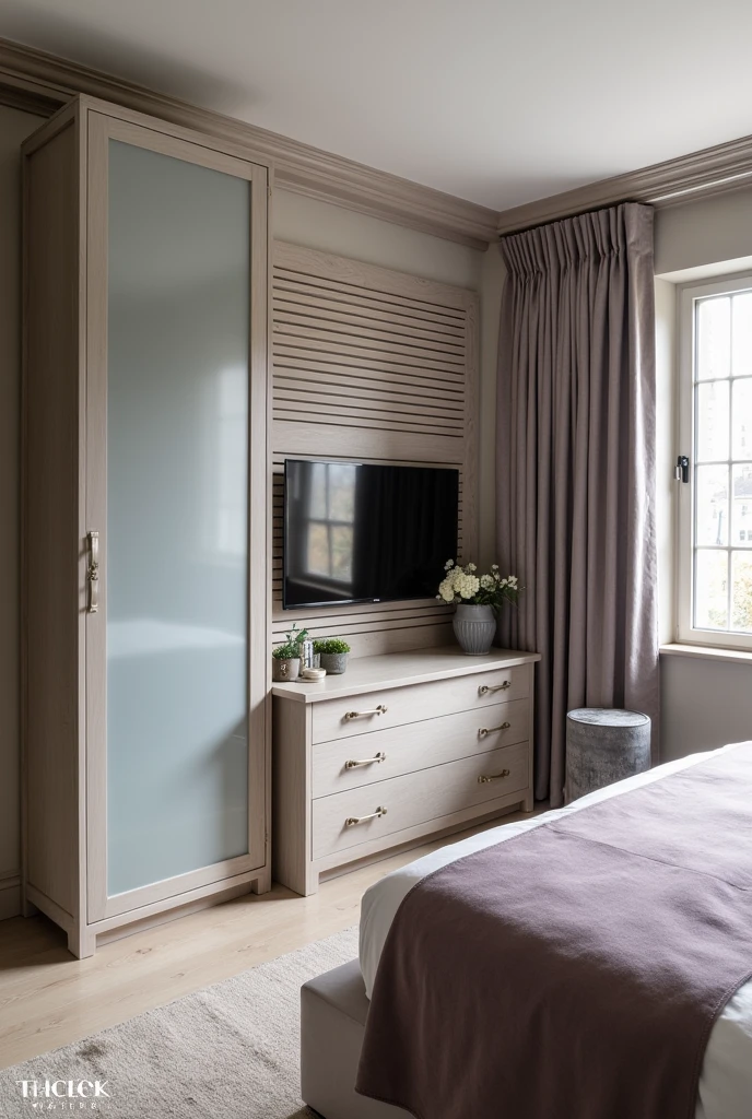 The room described has a cozy and sophisticated aesthetic., combining neutral shades of gray with Provençal-style wooden elements, which provides an environment that is both modern and classic. The modern double bed near the entrance to the room, It is complemented by a headboard covered in Suede, bringing a touch of classic elegance. The presence of the small Provençal bedside table to the right of the bed adds a traditional charm to the space..

The closet closed with frosted glass in lavender tones to the left of the bed and at the back of the room, not only maximizes storage space, but also adds a soft, sophisticated touch of color, maintaining the continuity of the neutral and elegant design. The frosted glass sliding closet door offers practicality and elegance to the space.

The wall opposite the bedroom entrance door, in shades of gray, features two French windows with patterned curtains, that add a decorative element and at the same time allow control of natural lighting. Between the windows, the wooden slatted panel with built-in television creates a modern focal point, while the wooden sideboard below, decorated with charming ornaments, adds functionality and style to the environment.
