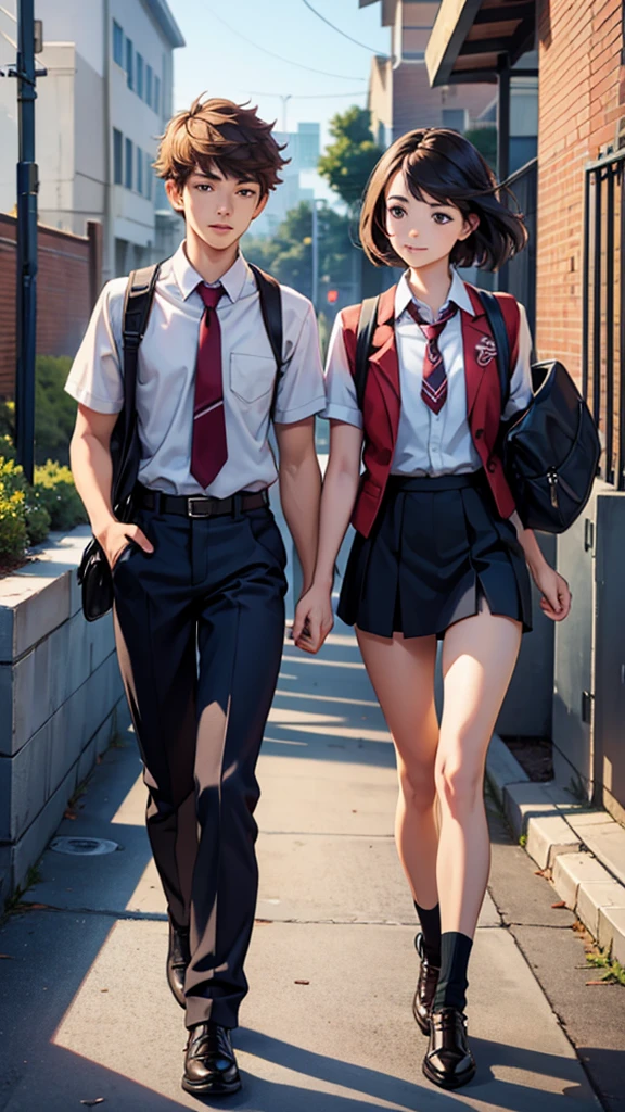 Two young friends walk to high school. They are 1 men.
