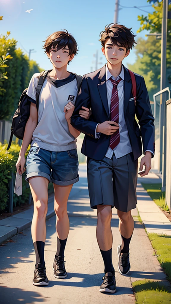 Two young friends walk to high school. They are 1 men.