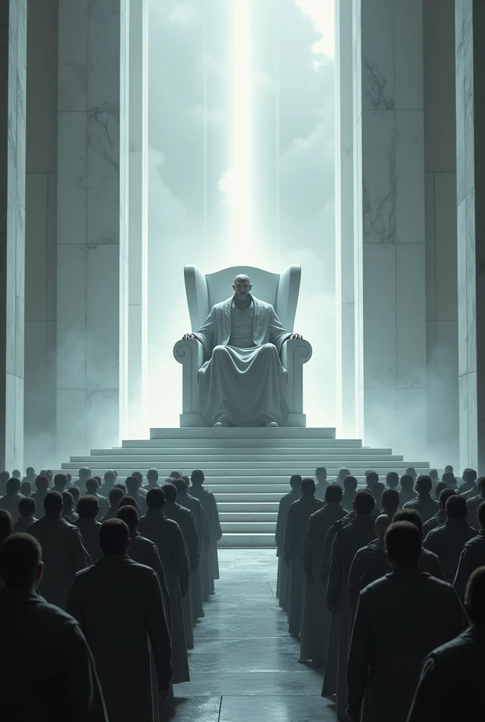 Straight white marble throne Powerful man seated with head of strong light From below the throne thousands of people worshiping