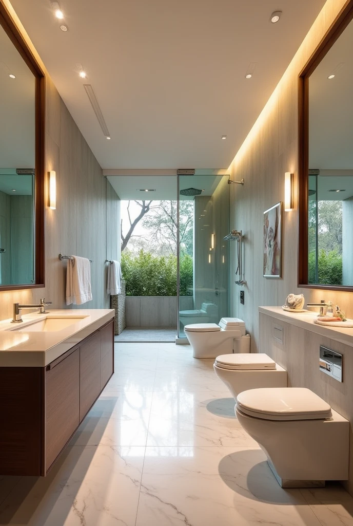 Show me bathrooms with the following features:
2 sinks with vanity 2 toilets 2 showers and one with a shower and another with a multi-jet shower a linen closet and an area for ironing 2 full-length mirrors open spaces or garden minimum one delivery requirements 